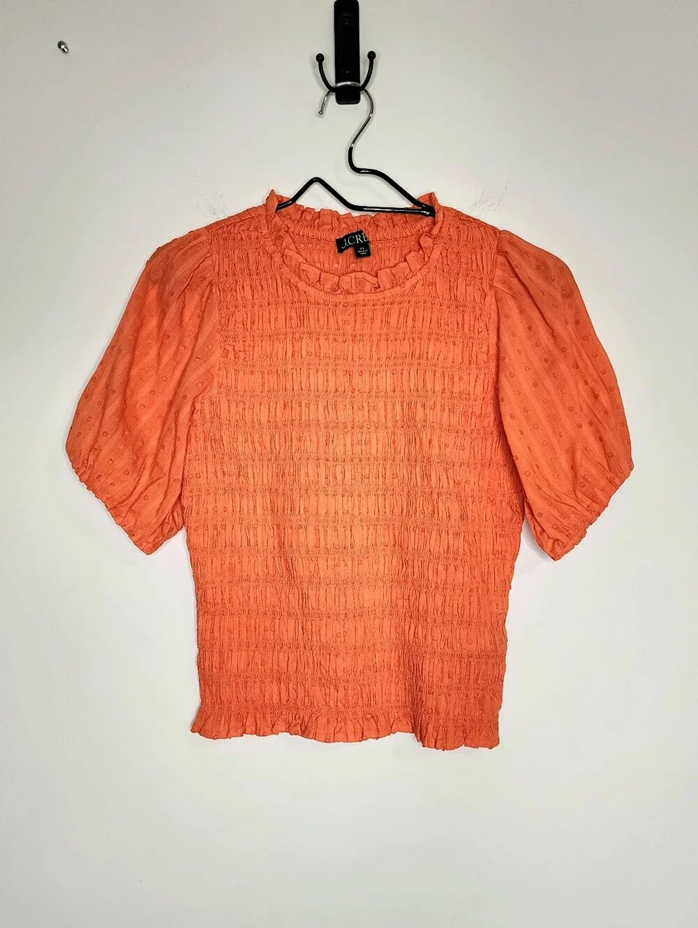 J. Crew Orange Smocked Puff-Sleeve Vibrant Cotton Blouse XS Euro Summer Casual